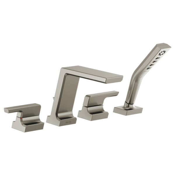 Brushed nickel four-piece roman tub trim with two handles, spout, and detachable hand shower wand.