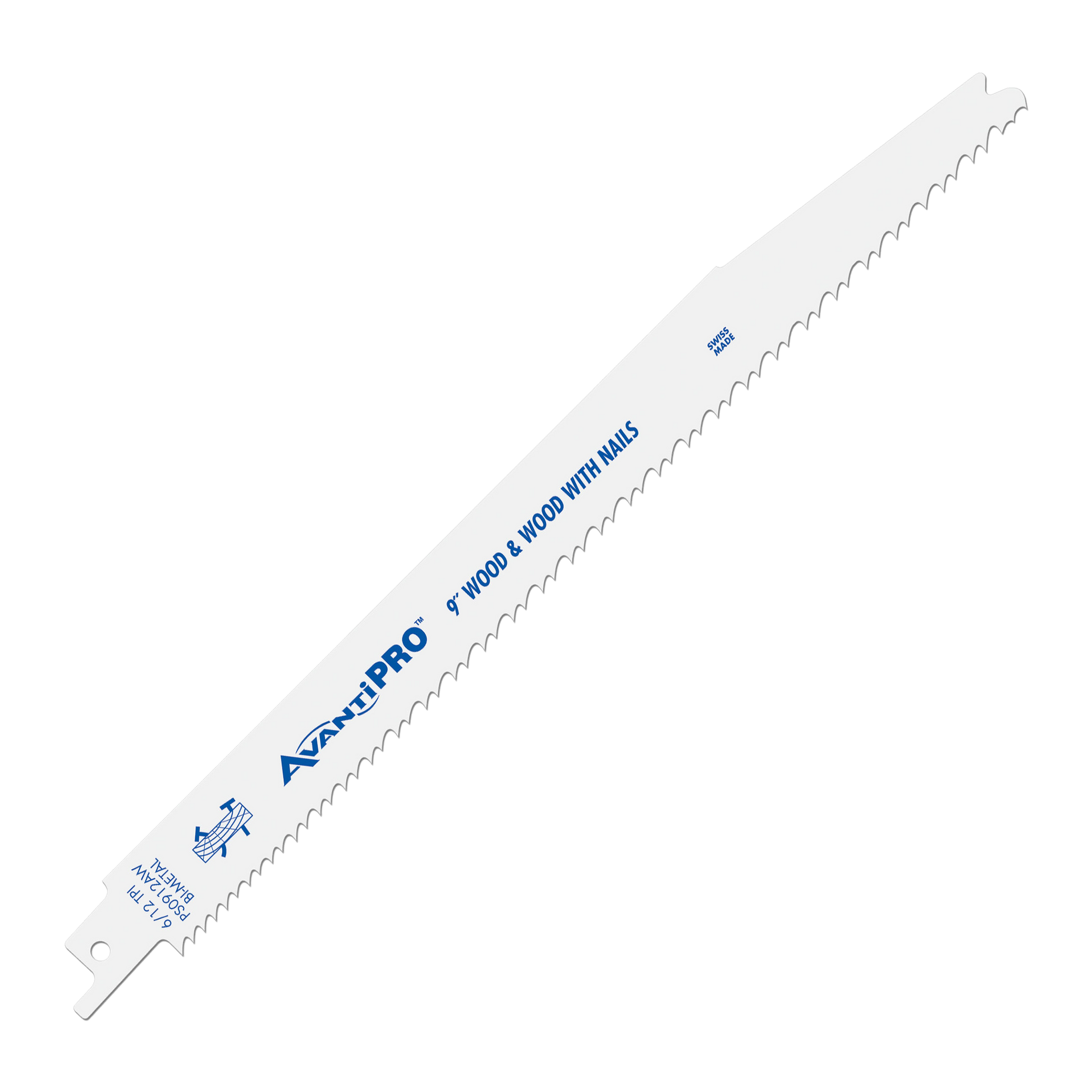 AvantiPro 9" bi-metal reciprocating saw blade with serrated edge and mounting pin for wood and nail cutting.