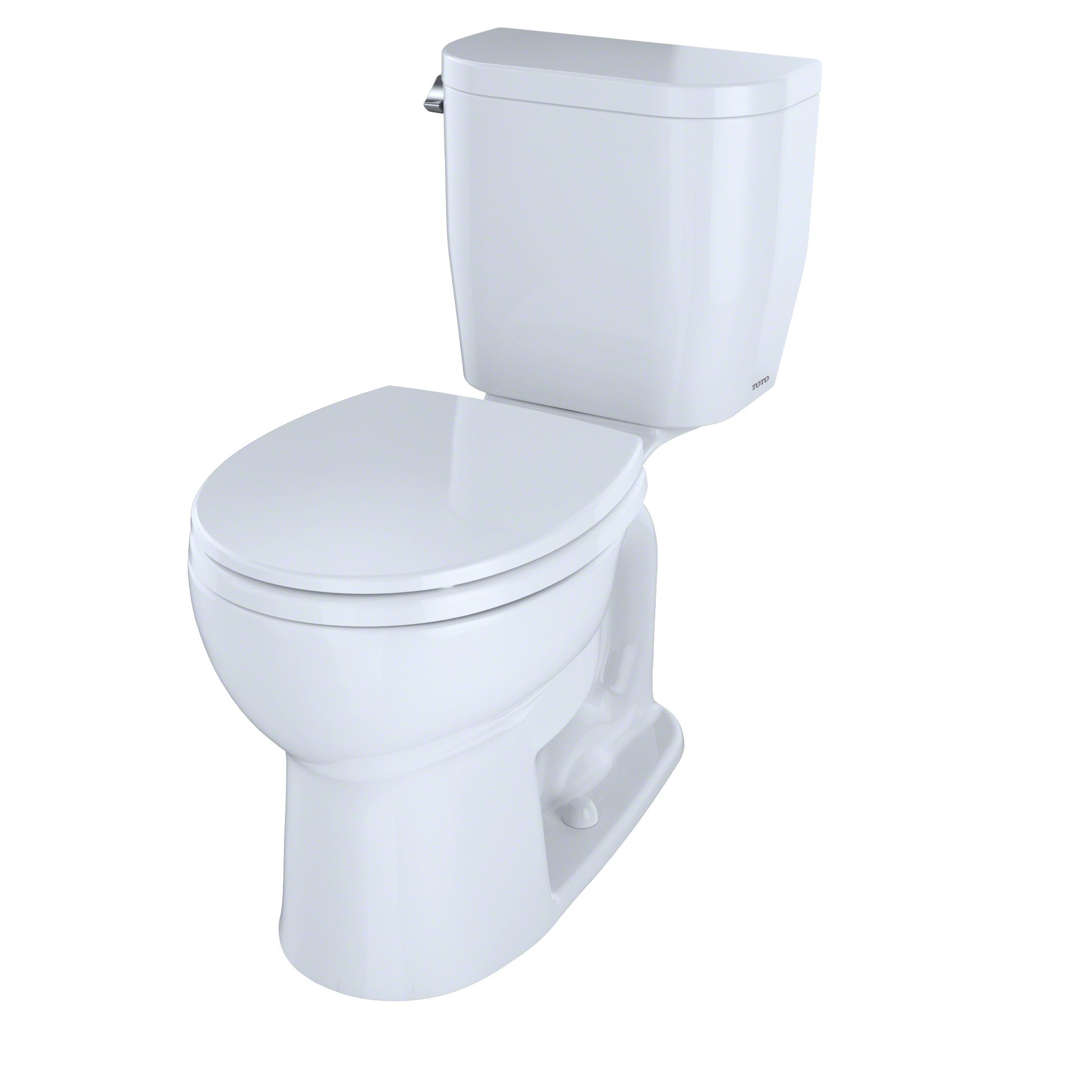 Two-piece round toilet in light gray with separate tank and bowl, open seat shown.
