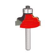 Freud router bit with red classical ogee cutting head and metal shank with bearing collar.