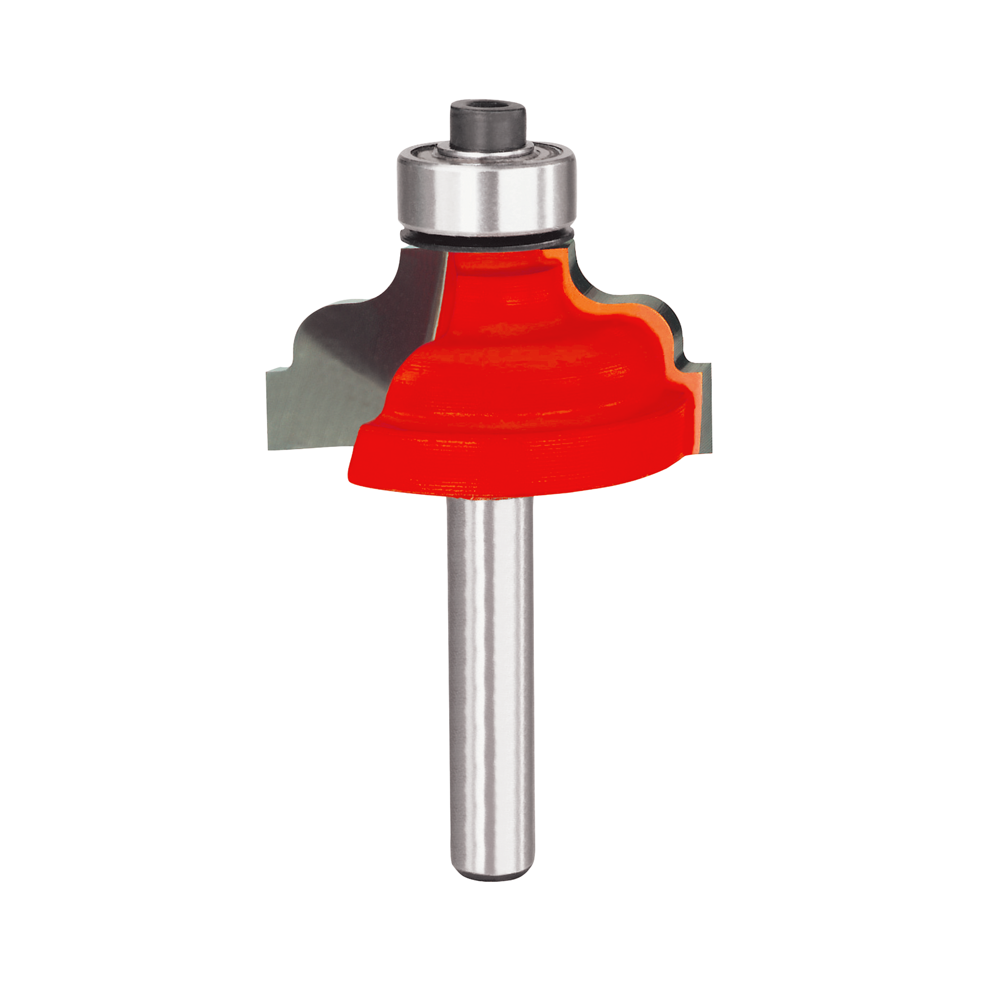 Freud router bit with red classical ogee cutting head and metal shank with bearing collar.