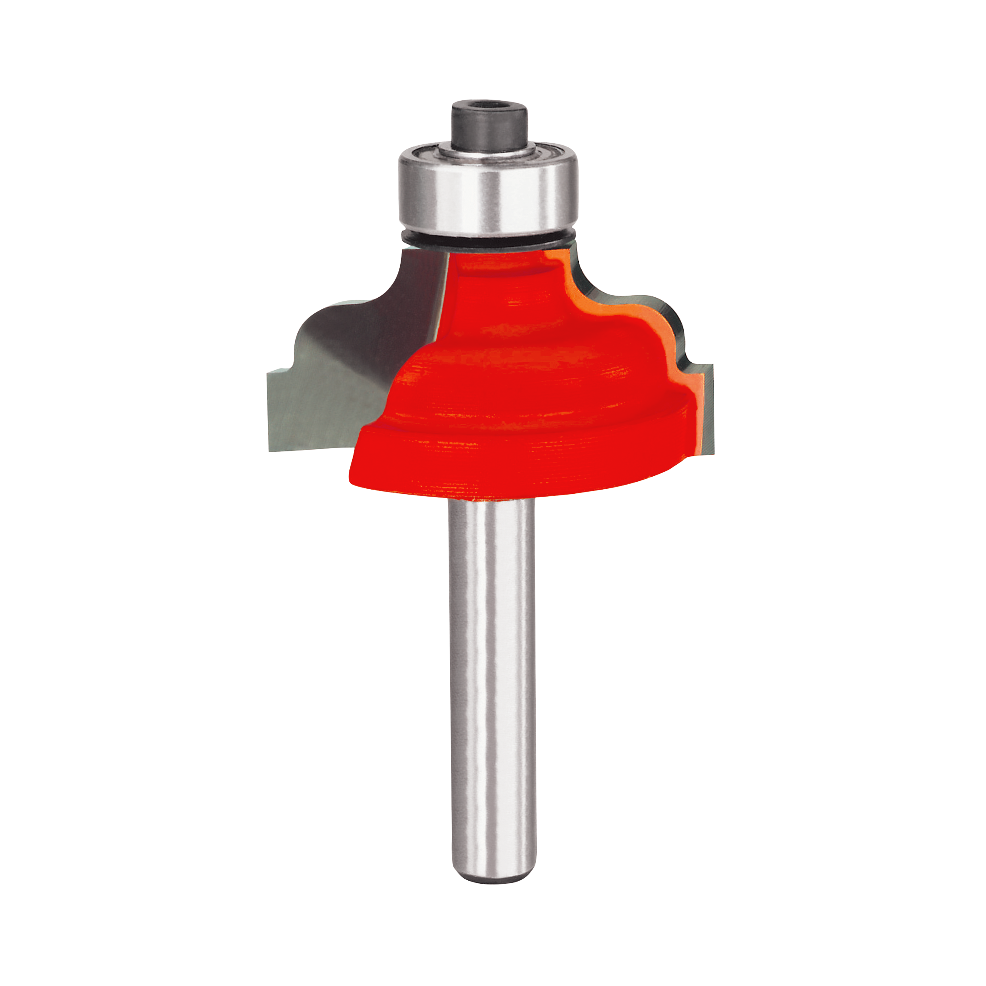 Freud router bit with red classical ogee cutting head and metal shank with bearing collar.