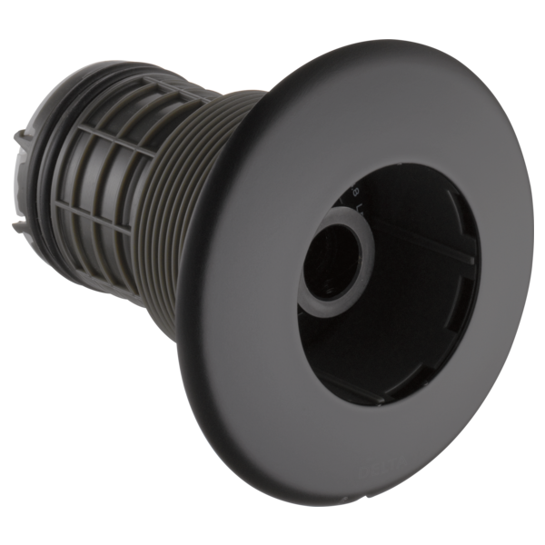 Chrome-finished round trim ring with threaded body connection for shower spray valve installation.