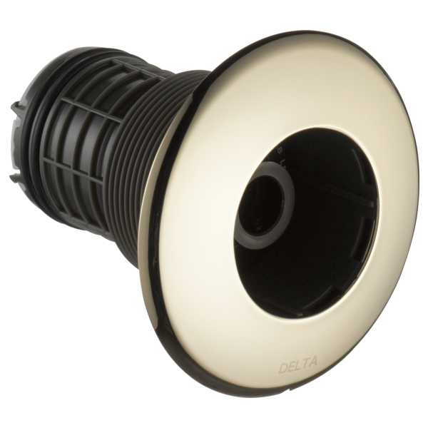 Round chrome trim with black valve body and central opening for Delta spray fixture installation.