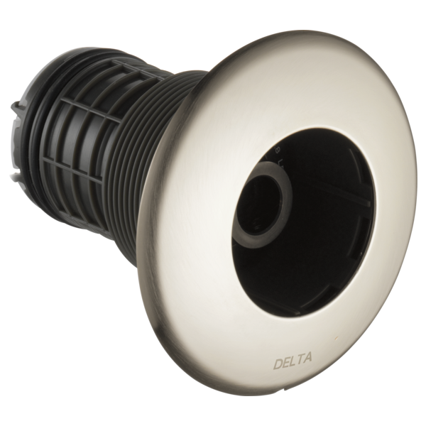 Round brushed nickel spray trim with black center opening and threaded mounting body.