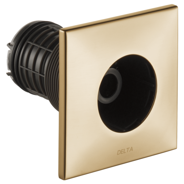 Square brass trim plate with black circular spray outlet and internal valve housing.