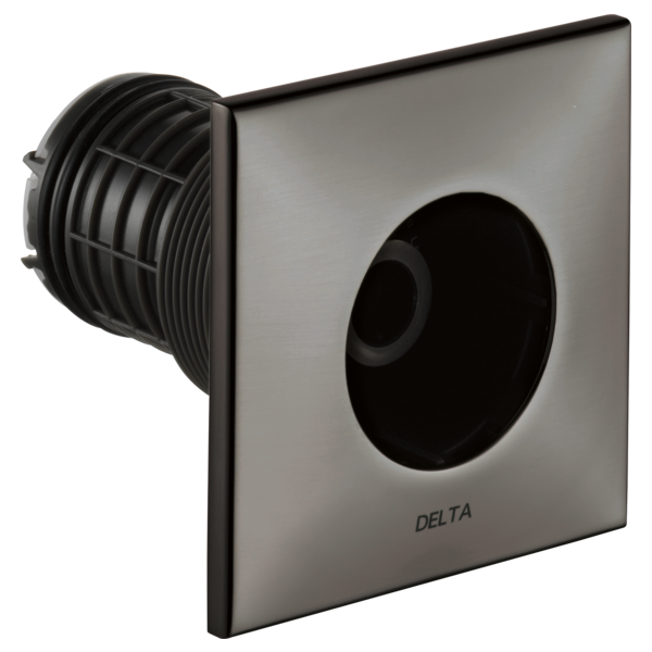 Square chrome body spray trim with black ribbed connector and circular outlet opening, labeled Delta.