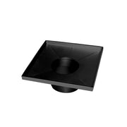 Matte black square drain with center throat opening and threaded base connection.