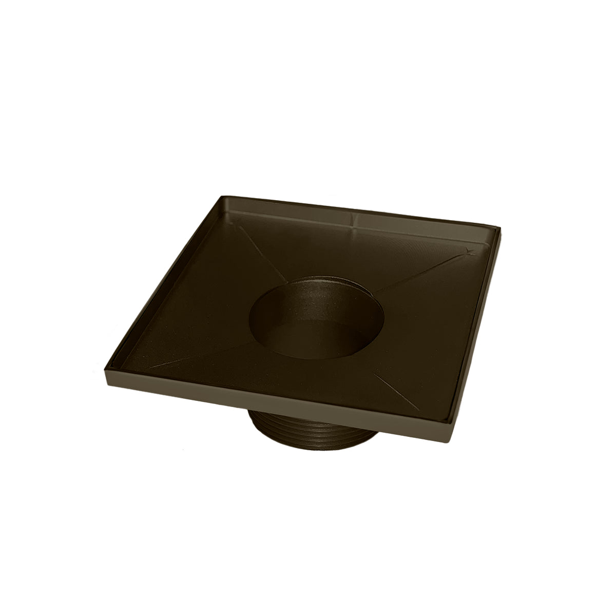 Square oil rubbed bronze drain with center outlet and sloped basin bottom.