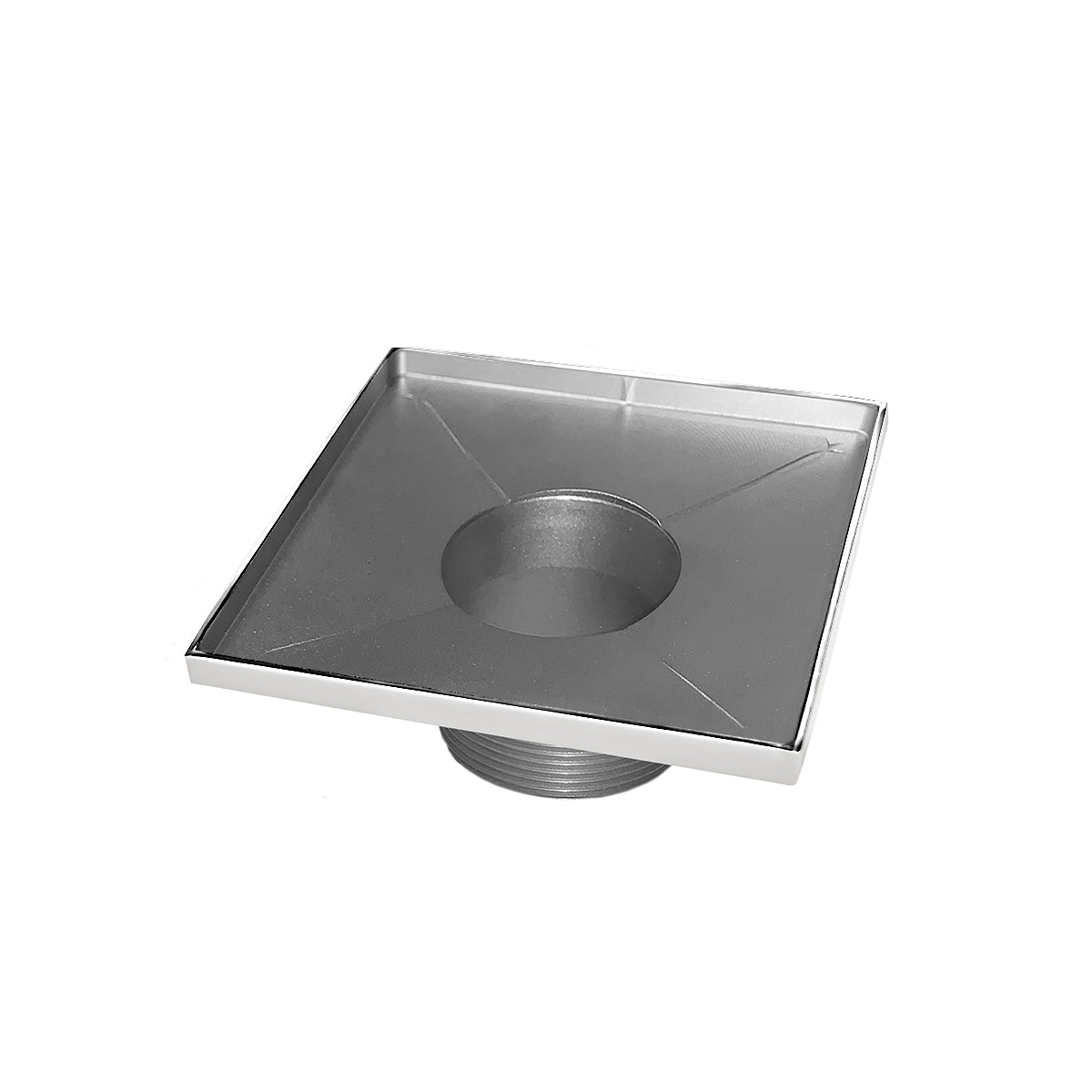 Polished stainless steel square drain with center outlet and sloped interior surface.