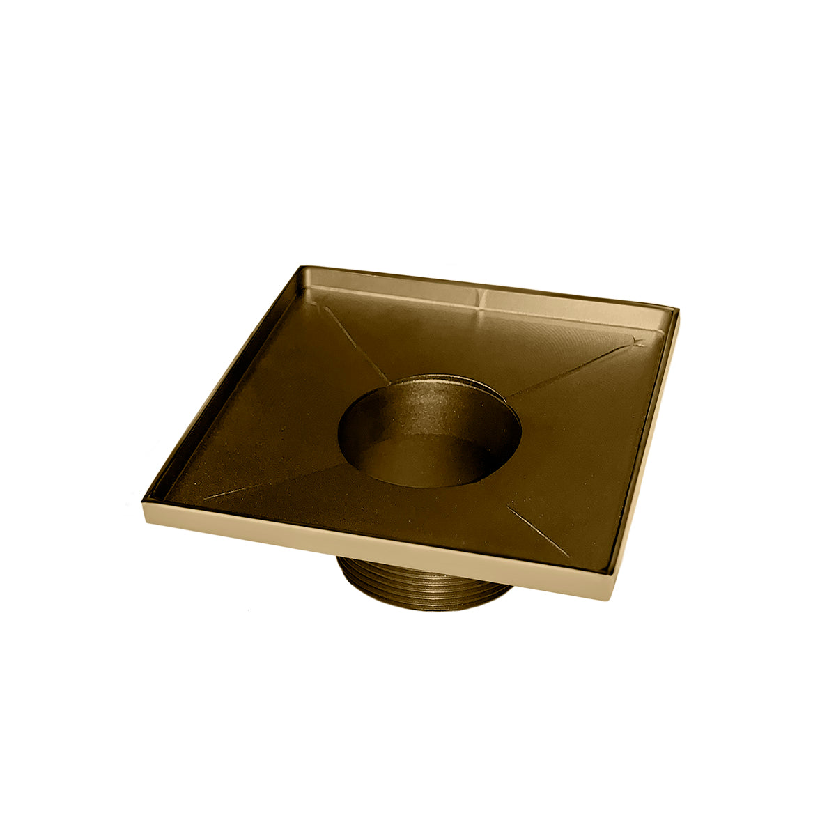 Satin bronze square drain with center outlet and sloped basin floor.