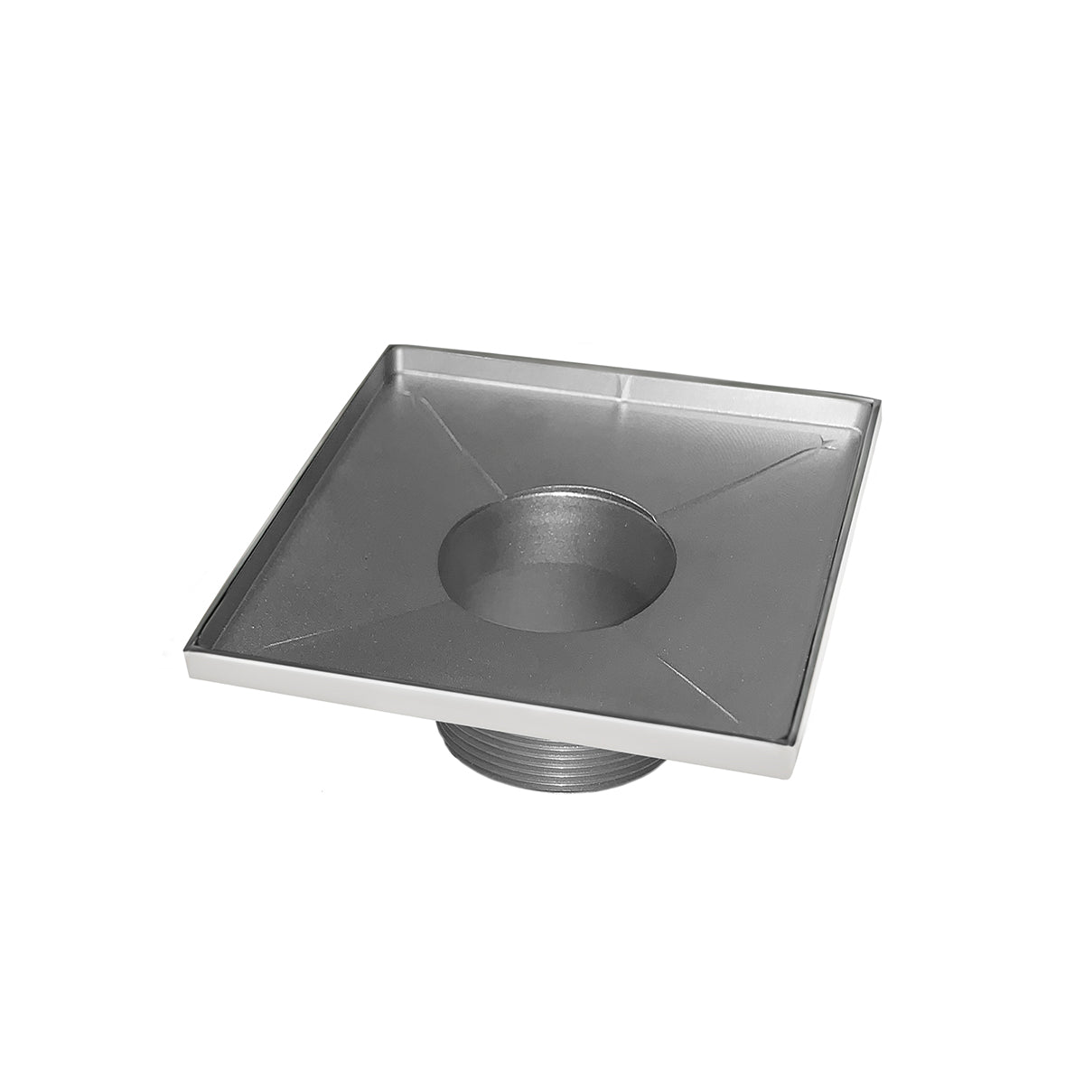 Square satin stainless steel drain with center throat opening and angled interior surface.