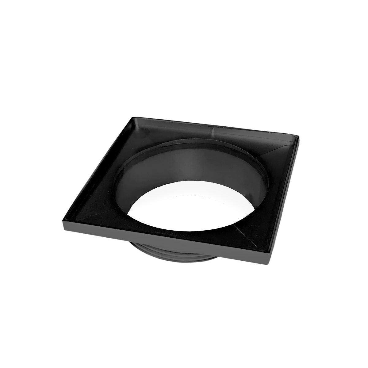 Matte black square drain throat with center opening and curved collar, 5" x 5" size.