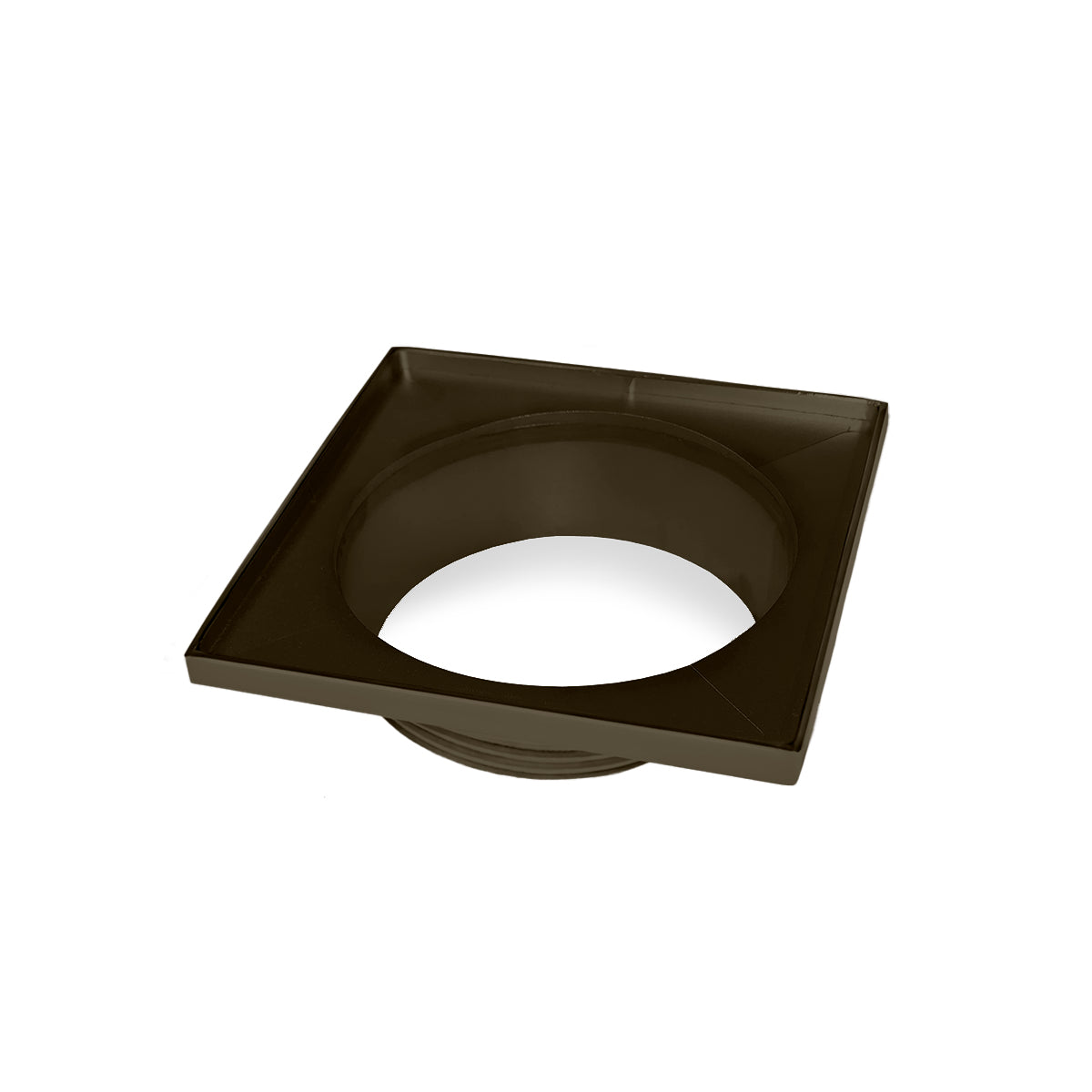 Square oil rubbed bronze drain throat with center opening and sloped sides for 5" x 5" drain installation.