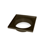Square oil rubbed bronze drain throat with center opening and sloped sides for 5" x 5" drain installation.