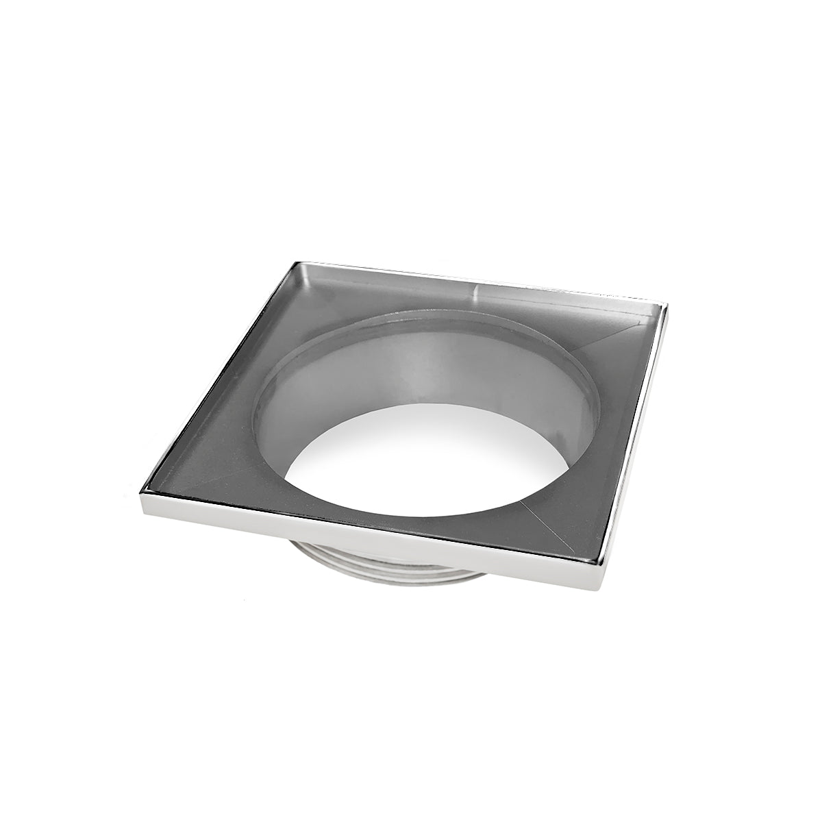 Polished stainless steel square drain throat with center opening and curved interior basin.