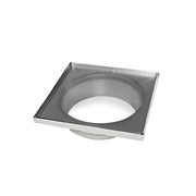 Polished stainless steel square drain throat with center opening and curved interior basin.