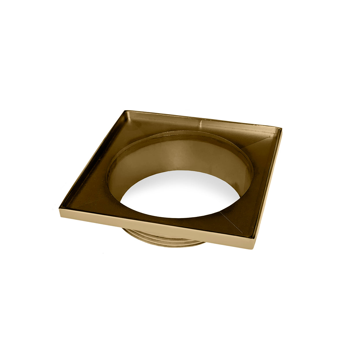 Satin bronze square drain throat with center opening and circular collar insert.