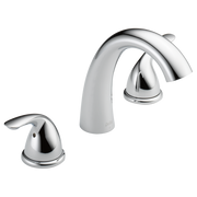 Chrome three-piece garden tub faucet with curved spout and two lever handles.