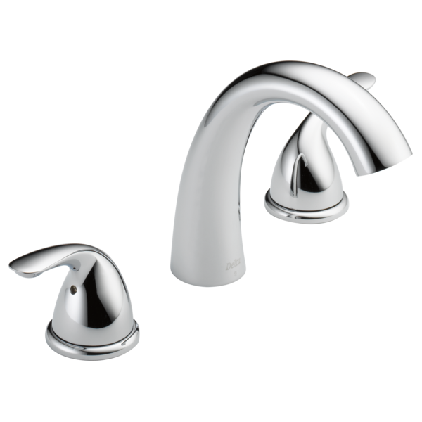 Chrome three-piece garden tub faucet with curved spout and two lever handles.