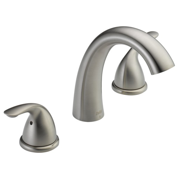 Brushed nickel three-piece garden tub faucet with curved spout and two matching lever handles.