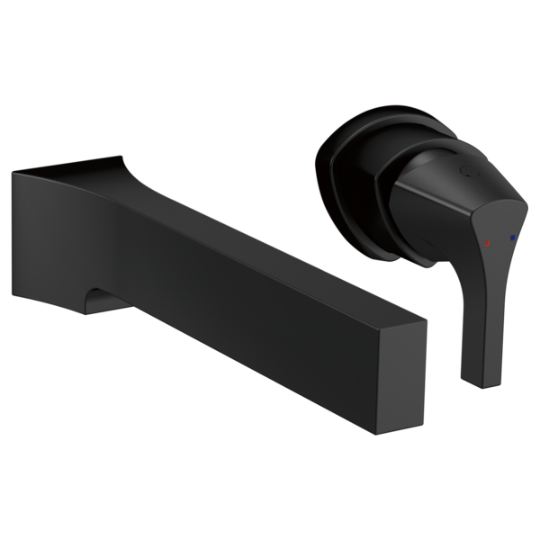 Black single handle wall mount bathroom faucet trim with spout and lever handle.