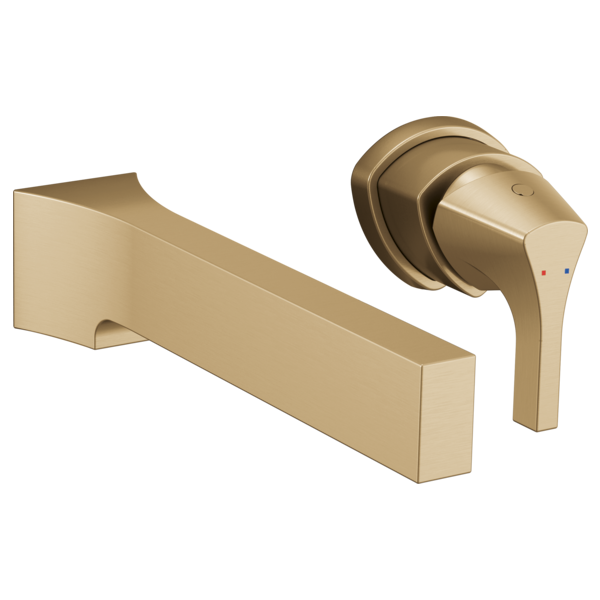 Champagne bronze wall-mounted faucet trim with single lever handle and rectangular spout.