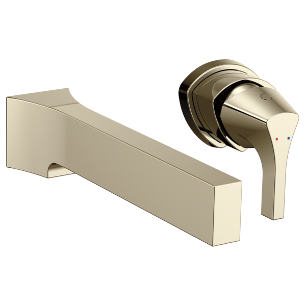 Brushed nickel wall-mounted bathroom faucet trim with single handle lever and rectangular spout.