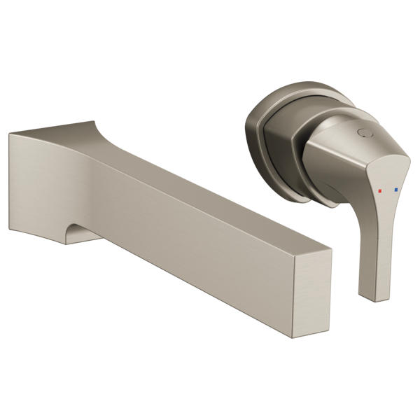 Brushed nickel single-handle wall-mount faucet trim with spout and lever handle.
