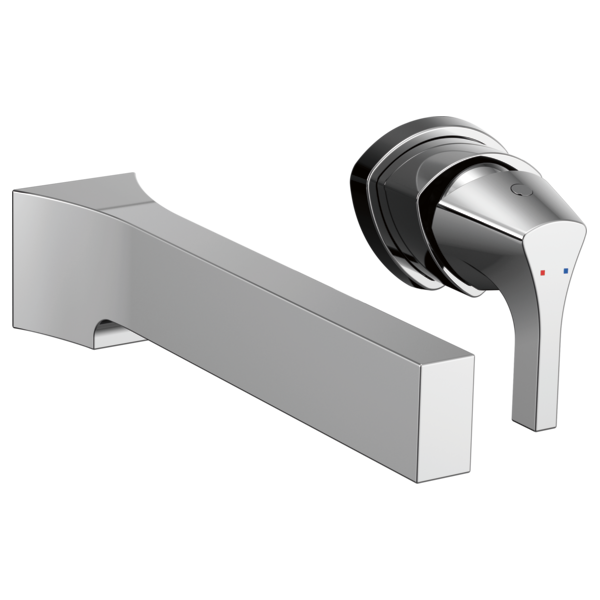 Chrome wall-mount bathroom faucet trim with single lever handle and rectangular spout.