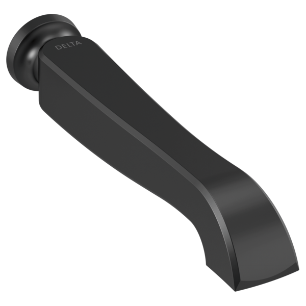 Black Delta wall-mounted tub spout with curved design and round escutcheon plate.
