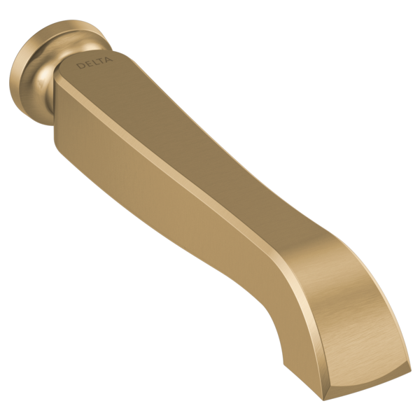 Brushed gold wall-mounted tub spout with curved design and round flange.