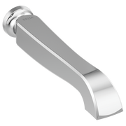 Chrome and gray wall-mount tub spout with curved design and round mounting flange.