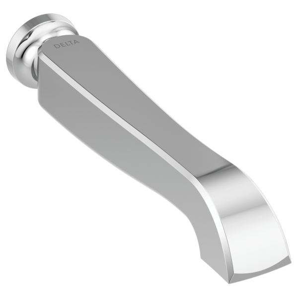 Chrome and gray wall-mount tub spout with curved design and round mounting flange.