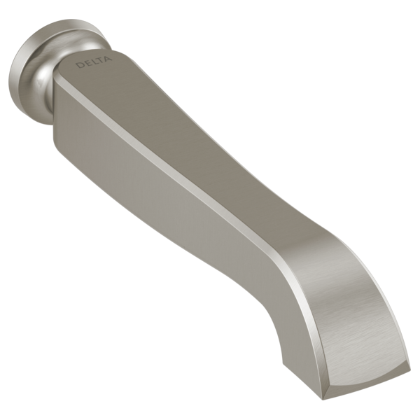 Brushed nickel wall-mounted tub spout with curved design and round flange connection.