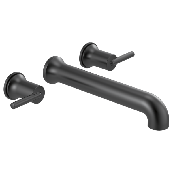 Black wall-mounted tub filler with curved spout and two lever handles.