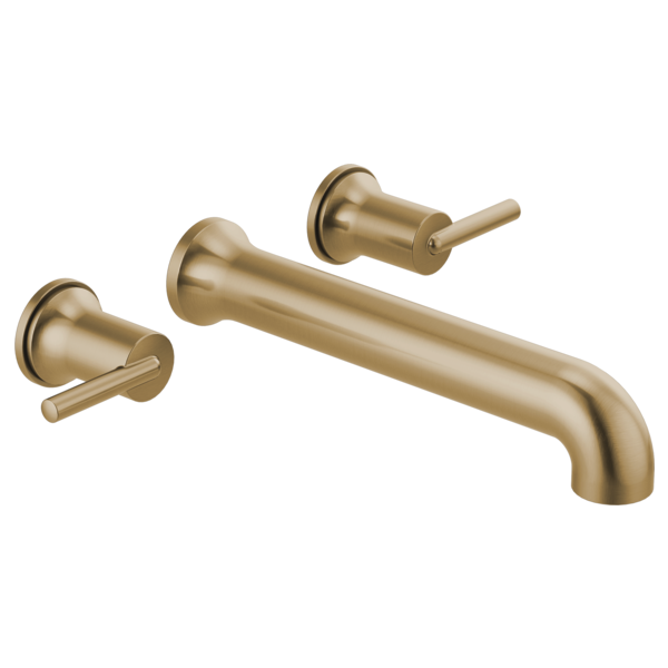 Champagne bronze wall-mounted tub filler with curved spout and two lever handles.