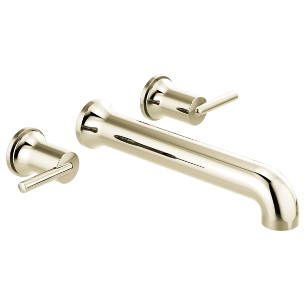Champagne bronze wall-mounted tub filler with curved spout and two lever handles on white background.