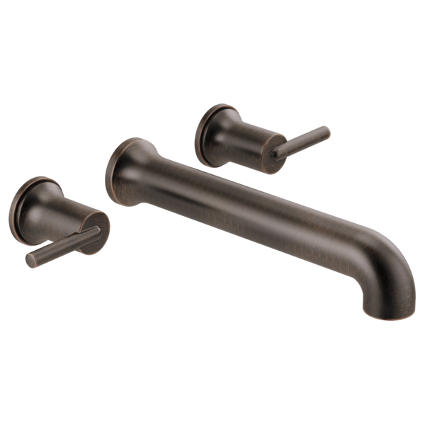 Oil-rubbed bronze wall-mounted tub filler with curved spout and two lever handles.