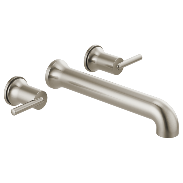 Brushed nickel wall-mounted tub filler with curved spout and two lever handles.