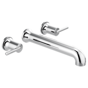 Chrome wall-mounted tub filler with curved spout and two lever handles.