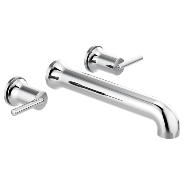 Chrome wall-mounted tub filler with curved spout and two lever handles.