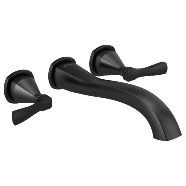 Matte black wall-mounted tub filler with curved spout and two lever handles with accent rings.