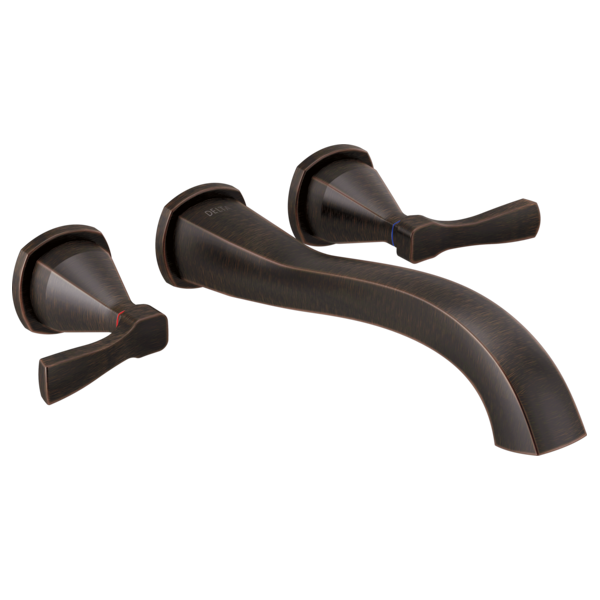 Bronze wall-mounted tub filler with curved spout and two lever handles with color-coded indicators.