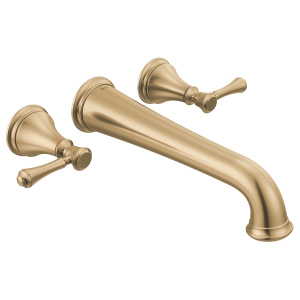 Champagne bronze wall-mounted tub filler with curved spout and two lever handles.