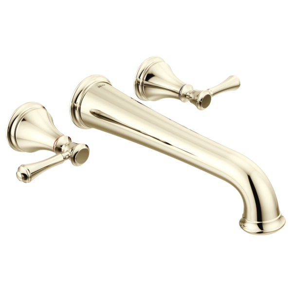 Wall-mounted tub filler with curved spout and two lever handles in polished nickel finish.