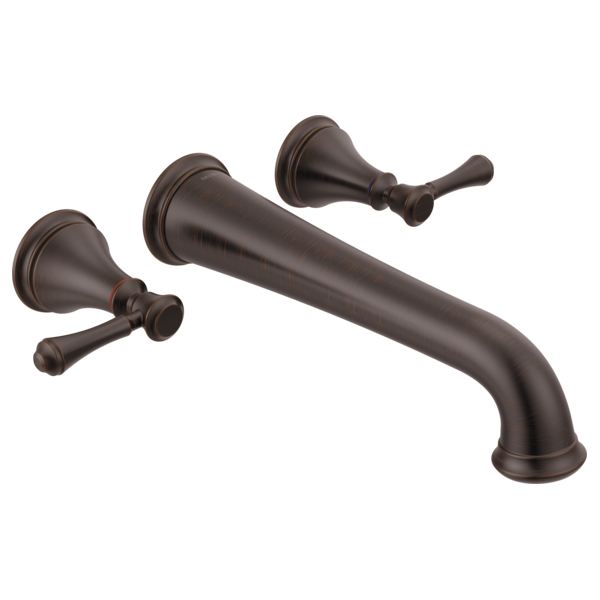 Bronze wall-mounted tub filler with curved spout and two lever handles on either side.