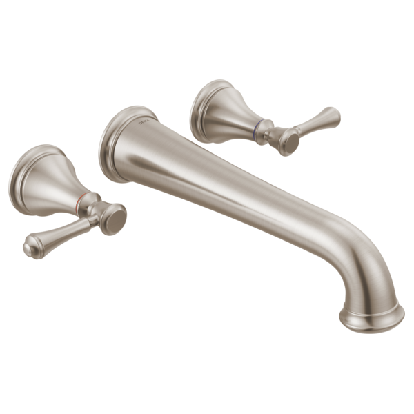 Brushed nickel wall-mounted tub filler with curved spout and two lever handles.