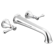 Chrome wall-mounted tub filler with curved spout and two lever handles.