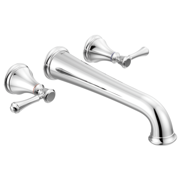 Chrome wall-mounted tub filler with curved spout and two lever handles.